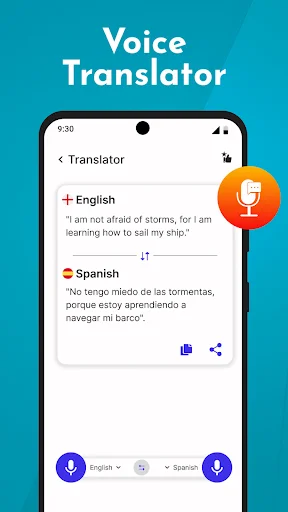 Voice translator showing English text with Spanish translation and microphone buttons for bilingual voice-to-voice translation