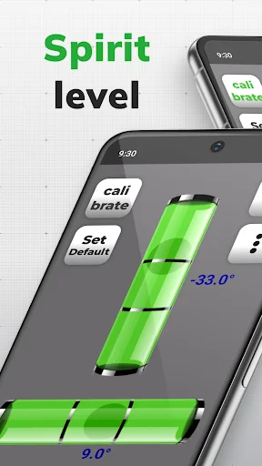 Spirit level app displaying digital bubble level with angle measurements and control buttons on Android phone