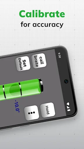 Bubble level calibration interface with settings buttons for accuracy adjustment on mobile device
