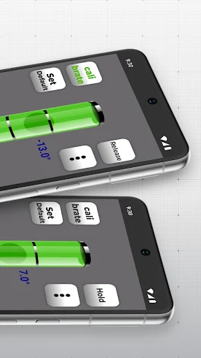 Dual smartphone views showing bubble level app calibration options and angle measurement displays