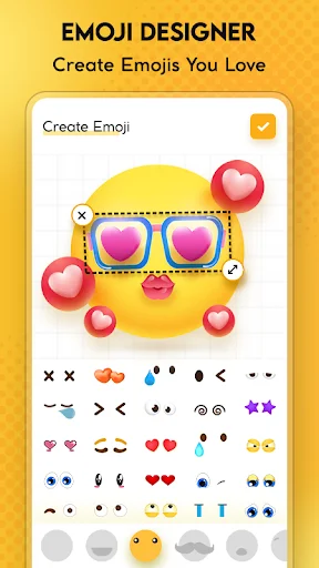 Emoji Designer interface showing customizable emoji face with selectable facial features including eyes, mouths, and noses for emoji creation