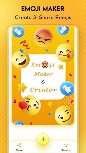 Emoji Maker screen featuring colorful animated emoji characters with Share and Rate Us buttons for creating and sharing personalized emojis
