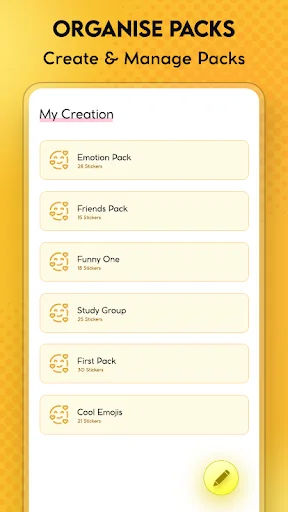 Organise Packs management screen displaying My Creation emoji pack collections like Emotion Pack and Friends Pack with edit functionality