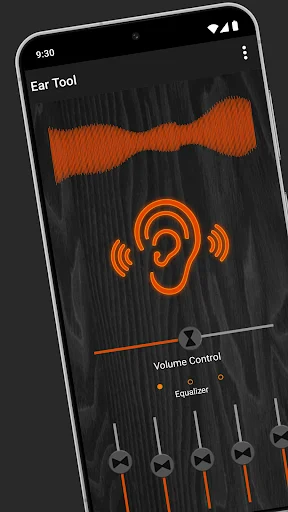 Hearing Sound Amplifier Ear Tool main interface showing orange waveform visualization, ear icon with sound wave symbols, volume control slider, and equalizer frequency controls