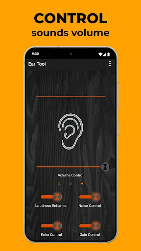 Ear Tool volume control interface on orange background featuring slider and multiple audio adjustment options including noise and echo controls