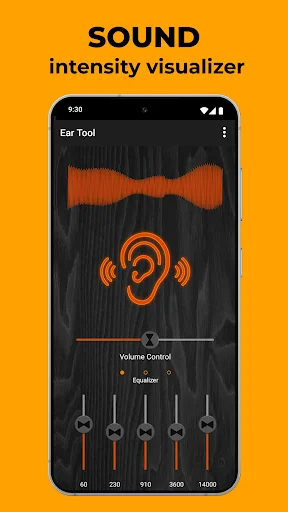 Sound intensity visualizer with real-time waveform display and frequency equalizer showing six adjustment bands for audio frequency tuning