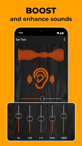 Hearing Sound Amplifier boost controls on orange background with expanded equalizer featuring frequency sliders for enhanced sound amplification