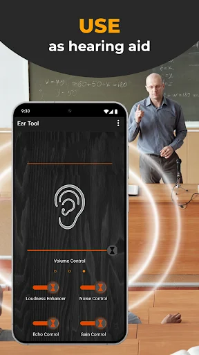 Hearing Sound Amplifier used as listening aid in classroom setting, showing Ear Tool interface with ear icon and control sliders on smartphone screen