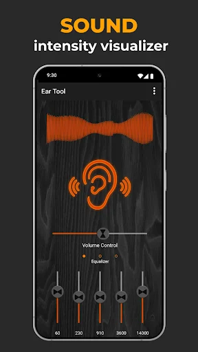 Sound Amplifier app with real-time waveform visualization, ear icon, and equalizer showing frequency bands at 60, 250, 910, 3000, and 1000 Hz