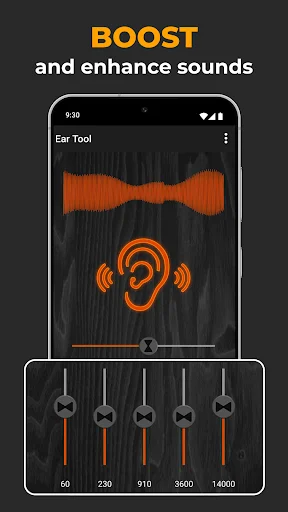 Hearing Sound Amplifier boost interface displaying enhanced equalizer controls with frequency sliders for sound amplification and frequency adjustment