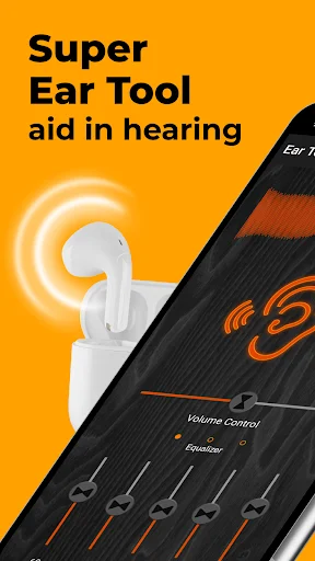 Super Ear Tool product showcase with white wireless earbuds emitting sound waves and app interface on orange branded background