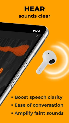 Hearing aid app features highlighting clear sound benefits: boost speech clarity, ease of conversation, and amplify faint sounds with earbud icon