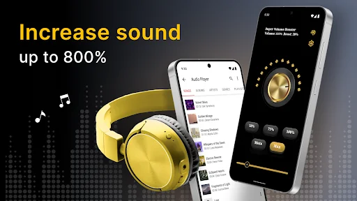 Sound amplifier app displaying 800% volume increase capability with equalizer controls and music player app integration