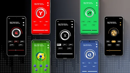 Super Volume Booster app color themes in red, green, black, and blue with circular dial controls and preset buttons