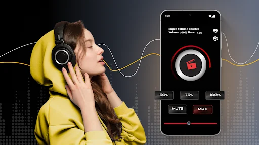 Super Volume Booster interface with percentage-based volume control, Mute and Mix buttons for audio bass enhancement
