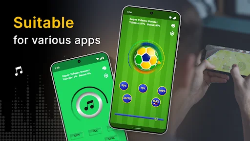 Super Volume Booster app showing music player compatibility with colored circular controls and preset equalizer buttons