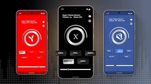 Three Super Volume Booster app color variants in red, black, and blue with circular equalizer controls and volume sliders