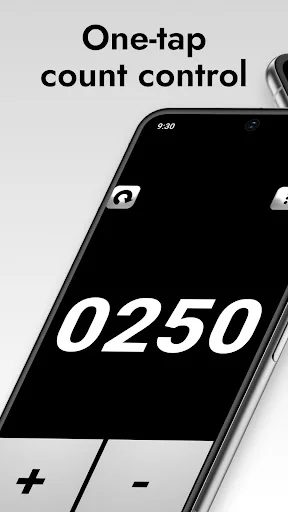 One-tap count control feature in Tally Counter app showing display 0250 with quick action plus and minus buttons