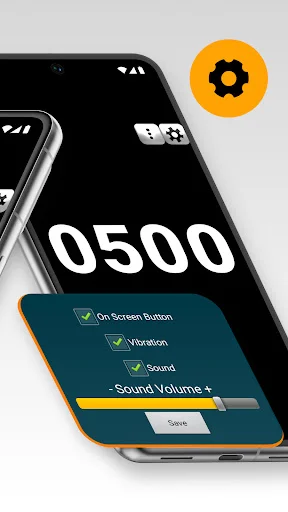 Tally Counter settings menu displaying on-screen button, vibration, sound options and sound volume slider control