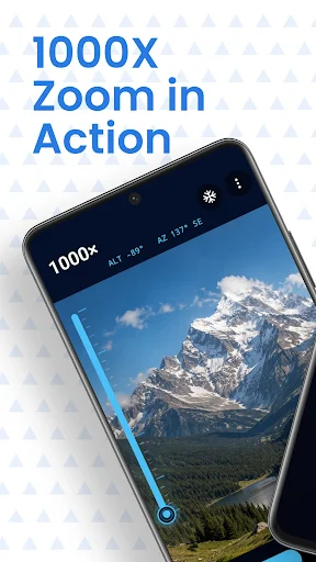 Telescope 1000x Zoom Camera displaying maximum 1000x zoom on mountain landscape with zoom slider control and manual focus