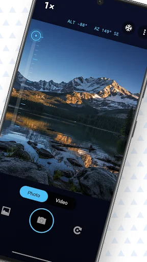 Telescope camera app showing 7x zoom magnification on scenic mountain lake with Photo and Video capture options