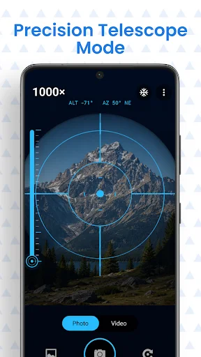 Precision Telescope Mode with 1000x zoom magnification and telescope overlay crosshair for professional photography