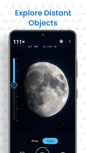 Telescope app featuring 111x zoom on Moon with night vision mode for astronomical observation and celestial photography