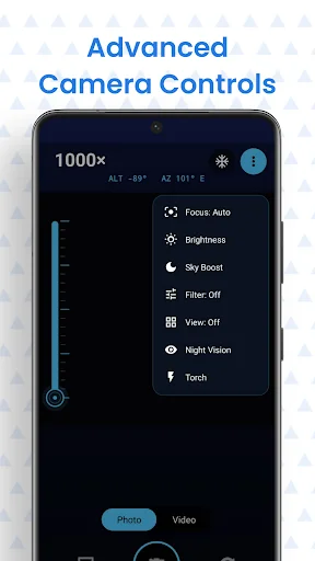 Camera controls menu with Focus Auto, Brightness, Night Vision, Sky Boost filter, and Torch flashlight features