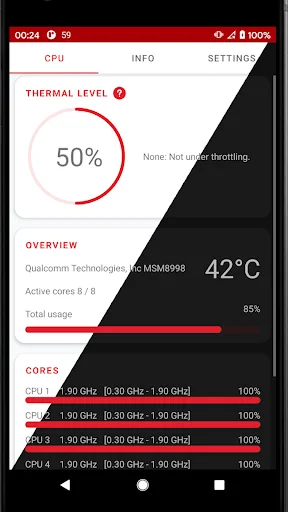 CPU temperature monitor dashboard displaying 50% thermal level gauge, 42°C device temperature, and multi-core processor performance metrics