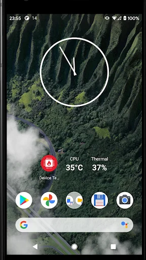 Temperature Monitor widget on home screen showing CPU temperature 35°C and thermal level 37% with circular gauge indicator