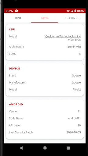 Device info settings tab displaying CPU model, cores, architecture, device brand manufacturer, and Android version details