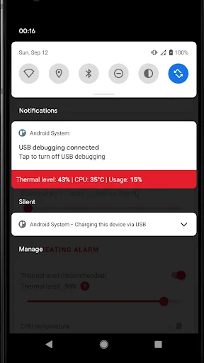 Thermal alarm notification alert showing overheating warning with CPU temperature 38°C at 43% thermal level and 18% usage