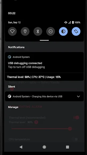 Temperature monitor notification displaying CPU thermal level 50%, temperature 37°C, and 15% device usage status update