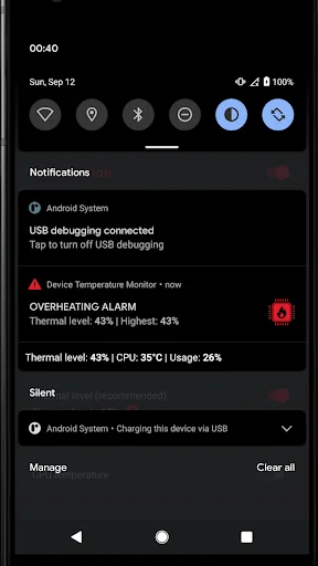 Device temperature monitor overheating alarm notification showing 43% thermal level, 35°C CPU temperature, and 26% usage alert