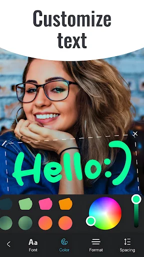 Customize text on photo with neon color palette options for font, color, and text formatting controls