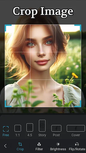 Image crop tool with aspect ratio presets for Story, Post, and Cover social media formats