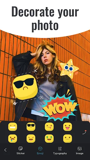 Photo decoration with emoji and sticker overlays including smiley faces and graphic design elements