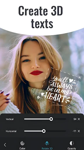 3D text creation with vertical and horizontal adjustment sliders for adding depth effects to text