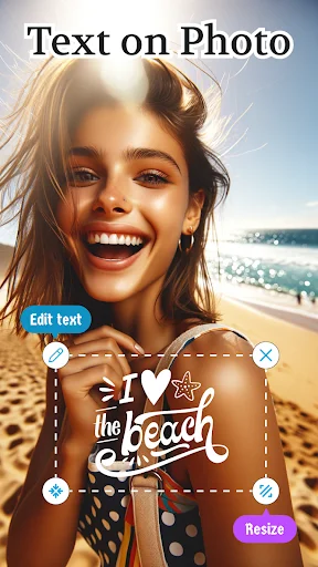 Text on photo editing interface with resize, move, and edit controls for custom text placement