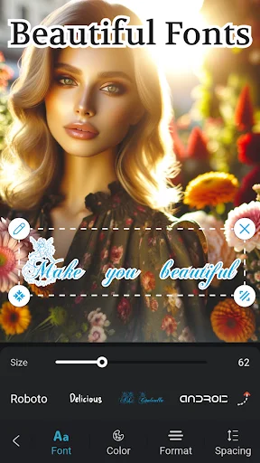 Beautiful cursive font selection for text with size slider adjustment for typography customization