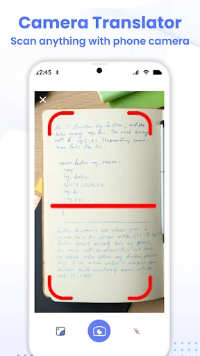 Camera Translator capturing handwritten text from notepad with frame detection and document scanning for text extraction.