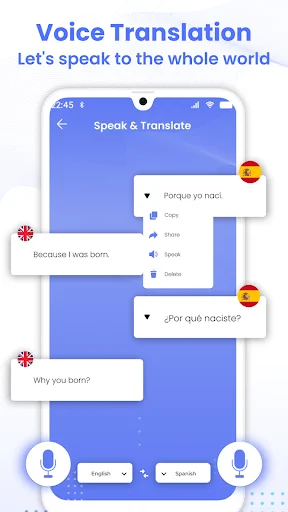 Voice Translator enabling speech translation between English and Spanish with microphone and audio playback controls.