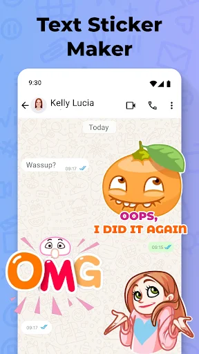 Chat interface displaying customizable text stickers including 'OMG' and 'OOOPS I DID IT AGAIN' with cartoon characters