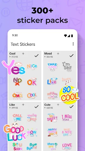 Text Sticker Maker home screen showing 300+ sticker packs organized by Cool, Mood, Like, and Cute categories