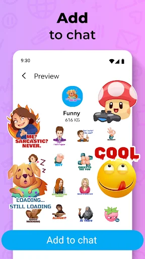 Sticker pack preview screen displaying character stickers with 'Add to chat' button for messaging personalization