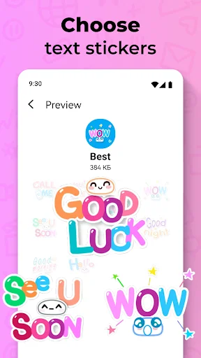 Text sticker selection from 'Best' pack featuring colorful animated phrases like GOOD LUCK, WOW, and cute characters