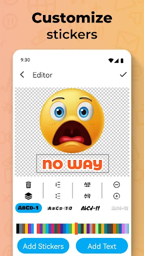 Sticker editor customization interface with emoji, color palette, text options, and Add Stickers and Add Text buttons