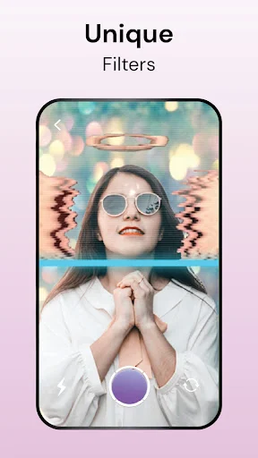 Unique filters screen showing wave distortion time warp effect with sunglasses overlay and cyan scan line through portrait