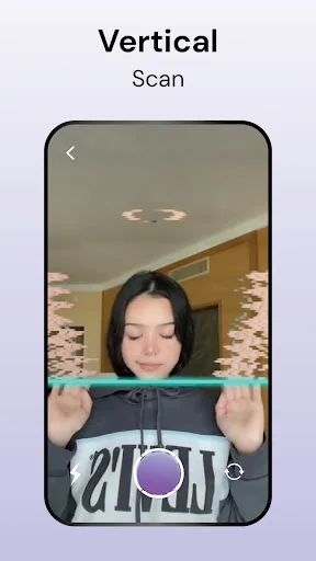 Vertical scan time warp filter showing horizontal distortion effect through photo center, creating funny time-shifted image