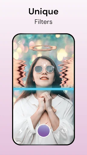 Unique filters screen showing wave distortion time warp effect with sunglasses overlay and cyan scan line through portrait